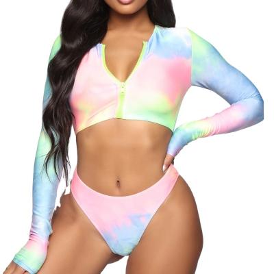 China Breathable Long Sleeve Zipper Swimsuit Custom Logo Private Label Tie Dye Printing Two Pieces Bikini Swimwear For Women for sale