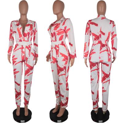 China Breathable Left Hand Fashion Wholesale Long Sleeve Two Piece Pants Set Print Suit 2 Piece Set Two Piece Set Belt Women Clothing for sale