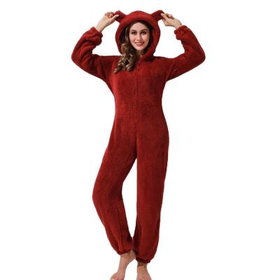 China Winter Women Pajamas Jumpsuit Cute Long Sleeve Breathable Solid Warm Sleepwear Zipper Up Hooded Nightgowns Home Wear Suits for sale