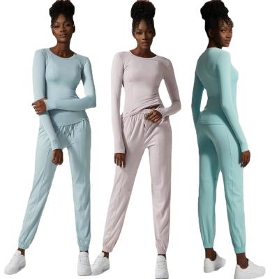 China Breathable Spring New Soild Women Color Mesh Patchwork Clothing Long Sleeve Sports Upper And Elastic Waisted Workout Pants Yoga Sets for sale