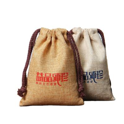 China Custom Soft Beige Eco-friendly Logo Embroidery Jute Hessian Burlap Gift Drawstring Bag Jute Coffee Tea Packaging Bag for sale