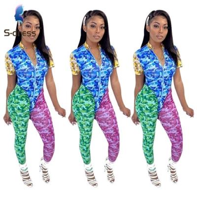 China S12468 Camouflage Breathable Sexy Casual Short Sleeve Jumpsuit With Long Pants Outfit Women 2 Piece Set Clothing for sale