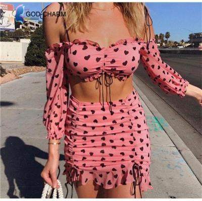 China S-66870422 Wholesale Anti-Static Ruffle Mini Skirt Pink Love Heart Set Print Lace Up Off The Shoulder Crop Top Chiffon Women's Blouse Tops for sale