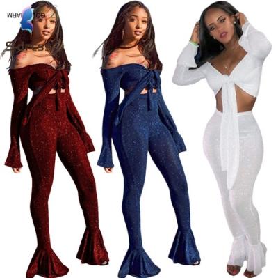 China New Arrivals *S-62027 2020 Viable And Rocket Pants Club Wear Simple Sexy Bandage Trumpet Sleeve Crop Tops Two Piece Set Women Clothing for sale