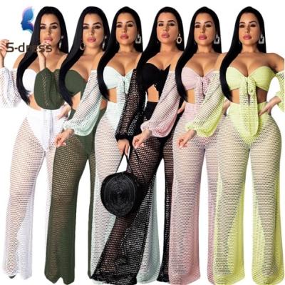 China Summer S90550 Breathable Hollow Strapless Lantern Sleeve Wide Leg Wide Leg Pants Two Sets Beach Wear SA3509 for sale