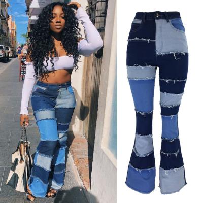 China 2022 New Fashion Slim Anti-wrinkle Plus Size Bell Bottom Jeans Patchwork High Rise Jeans Women Washed Rocket Jeans for sale