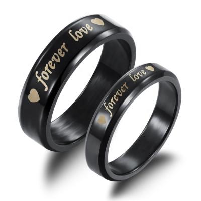 China Stainless Steel 'Love Forever' Engraved Black Plated High Quality Love Wedding Band Stainless Steel Promise Rings For Couples for sale