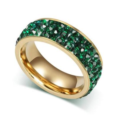 China Stainless Steel Gold Plated 3 Row Circle Fashion Stainless Steel Crystal Pave Popular Green Stone Ring For Women for sale