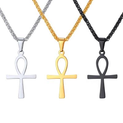 China Religious Silver/Gold/Stainless Steel Classic Wholesale Ankh Fashion Black Plated Cross Pendant With Chain for sale