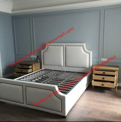 China White fabric bed with copper nail decoration and slat wood support in black metal rack for spring mattress for sale