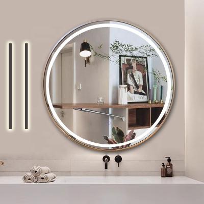 China Modern Custom Led Illuminate Bathroom Dimmable 3 Color Smart Mirror Round Wall  Mirror With Aluminum Frame for sale