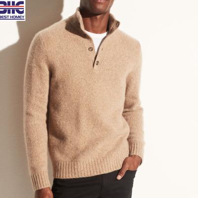 China Anti-Wrinkle Mens Long Sleeve Button Mock Neck Stand Collar Tortoise Neck Placket Cashmere Sweater High End Luxury 100% Sweater For Winter for sale