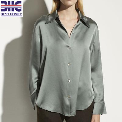 China Luxury Breathable High Quality Satin Long Sleeve Classic Casual Buttoned Charmeuse 100% Silk Blouse For Ladies for sale