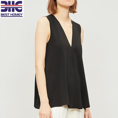 China Women's Black V-Neckline Sleeveless Stretch Silk Top Anti-Shrink for sale