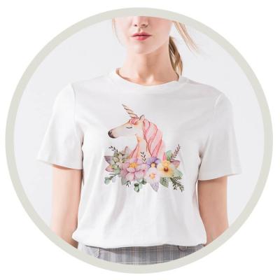 China Anti-pilling 2022 Summer Cotton Ladies T-shirt Anti-pilling 100% Short Sleeve V-Neck Unicorn Print O-Neck T-Shirt For Women OEM/ODM for sale