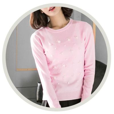 China 2020 New Arrival Sustainable Women's Sweaters 100% Cashmere Beading Pink Long Sleeve O-neck OEM/ODM for sale