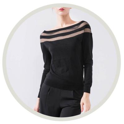 China Women's Breathable Stripes Reduce Neck Sweater Cotton Turned Cashmere Sweater Silk Casual Knitted Regular Fit for sale