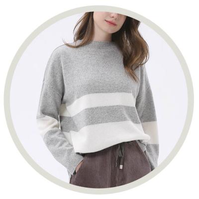 China Womens Wool Cashmere Casual Stretchy Crewneck Sweaters Long Sleeve Striped Gray Pullover for sale