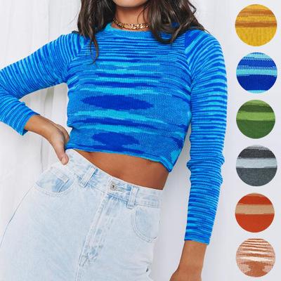 China Anti-Wrinkle Winter Fall Crop Tops Crew Neck Sweaters Women Knitted Clothing Striped Knitted Crop Top Long for sale