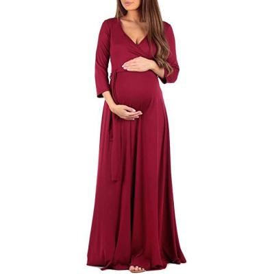 China Soft Organic Maternity Dress Cotton Women Plus Size Sleeve V Neck Maxi Long Dress Pregnancy for sale