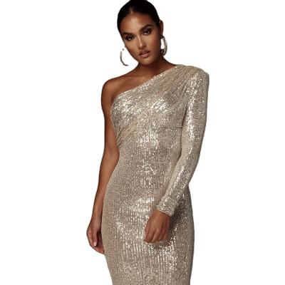 China Breathable Sequin Elegant Plain Ladies Midi Shoulder Sparkling Simple Sequins Bodycon Dresses Cocktail Party Dress for sale