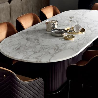 China Luxury Modern Marble Dining Table Furniture Italian Luxury Leather Stainless Steel Dining Table and 6 Dining Chairs Set for sale