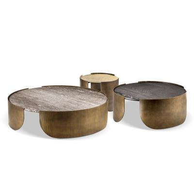 China High Quality Luxury Post Modern Design Copper Italian Style Set Metal Table Living Room Modern Wood Top Coffee Table for sale