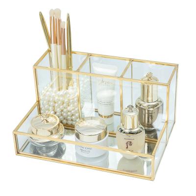 China European Style Viable Simple Brass Glass Cosmetic Storage Box Makeup Brush Desktop Memory Tube for sale