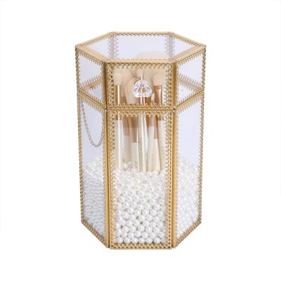 China Hot Viable Hexagon Dustproof Transparent Glass Women's Makeup Brush Storage Box For Desktop for sale