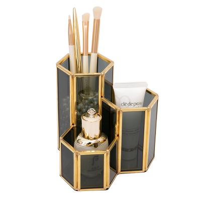 China Viable Light Luxury Metal Brush Black Glass Cosmetic Storage Box is Suitable for Desktop for sale