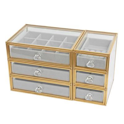 China 2021 New Simple Glass Jewelry Box Ring Necklace Storage Box Brass Pillow Suitable For Desktop Storage for sale