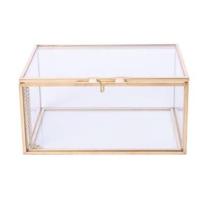 China Custom Square Glass Jewelry Box Ring Necklace Storage Box Metal Brass Glass Display Box for sale