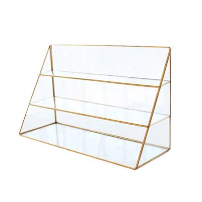 China Retro Polygonal Three-Layer Jewelery Earrings Counter Brass + Glass Display Stand Glass Storage Box for sale