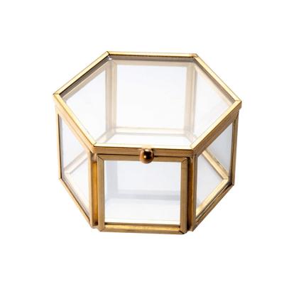 China Hot Selling Gorgeous Small Ring Box Amazon Gold Jewelry Box Brass+glass Amazon Gold Jewelry Box Valentine's Day Wedding Anniversary Gift Box Earring for sale