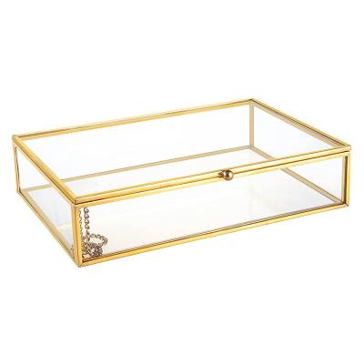 China Viable Gold Transparent Glass Jewelry Box With Cover Photo Storage Display Box Is Suitable For Desktop Placement for sale