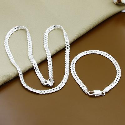 China CLASSIC 2 Full 925 Sterling Silver Necklace Bracelet Fashion Side Piece 6MM Jewelry For Women Men Link Chain Set Wedding Gift for sale