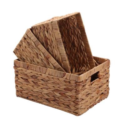 China 100% Natural Water Sustainable Hyacinth Handmade Rectangle Storage Basket with Handle Hand & Woven Basket for sale