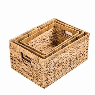 China A 3 Sustainable Set of 100% Natural Water Hyacinth Handmade Rectangle Storage Basket with Handle for sale