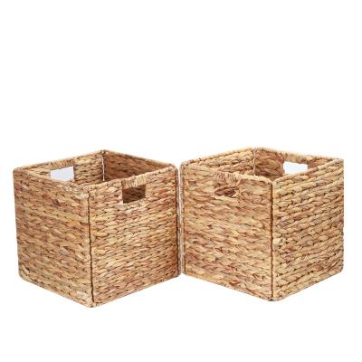 China 12 Inch Sustainable Classics Square 100% Natural Water Hyacinth Handwoven Foldable Storage Boxes Bins Laundry Cube Boxes for sale