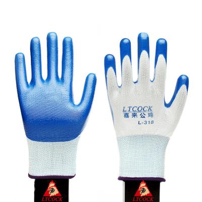 China Anti-slip Protective Gloves Wear-Resistant And Antiskid Rubber Impregnated Nitrile 13 Needle White Yarn Blue Rubber Coated Gloves for sale