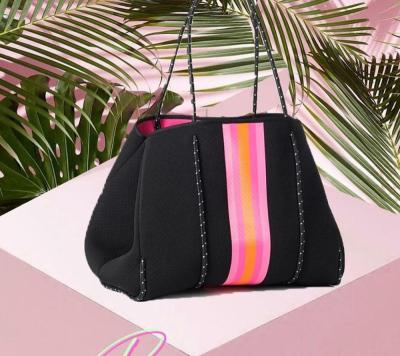 China Fashion Black and Pink Neoprene Beach Tote Bags Customized Shoulder Handbag for Women and Mom Traveling and Swimming for sale