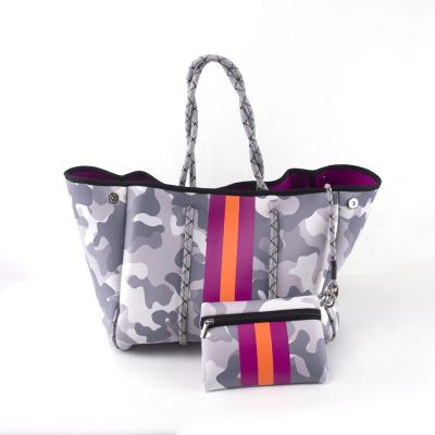 China Fashion Camouflage Neoprene Beach Tote Bags With Small Coin Large Capacity Purse Handbag for Women Traveling and Swimming for sale