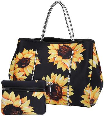 China Fashion Wholesale Universal Neoprene Beach Tote Bags With Small Purse Sunflower Print Handbag For Women Traveling And Swimming for sale