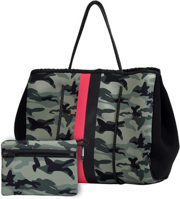 China Fashion Wholesale Camouflage Neoprene Beach Tote Bags With Small Purse Shoulder Handbag for Women Traveling and Swimming for sale