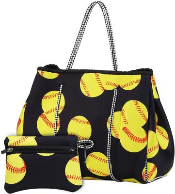 China Hot Selling Fashion Baseball Style Fashion Neoprene Beach Tote Bags With Small Coin Universal Purse For Women Traveling And Swimming for sale