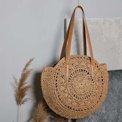 China Fashion Women's Straw Handbags Large Summer Beach Tote Woven Round Pompom Handle Shoulder Bag for sale