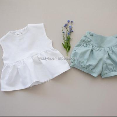 China Girls Casual Summer Cotton White Woven T-shirt Shorts Solid Color Shorts Sleeve 2pcs Teams Kids Sets for sale