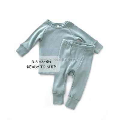 China Ribbed Baby Spandex Set Cotton Antibacterial Knitted Long Sleeve Baby Pajamas For Autumn And Winter for sale