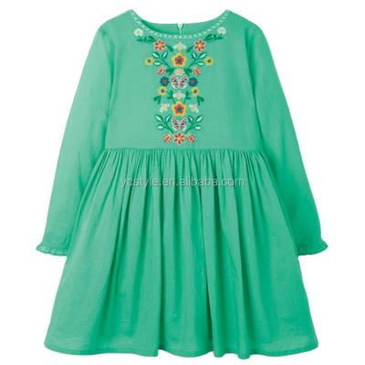 China Anti-Wrinkle Boutique Kids Sleeve Long Green Color Cotton Dress Simple Embroidery Twirly Ruffle Dresses Casual Kids Clothes Spring Autumn for sale