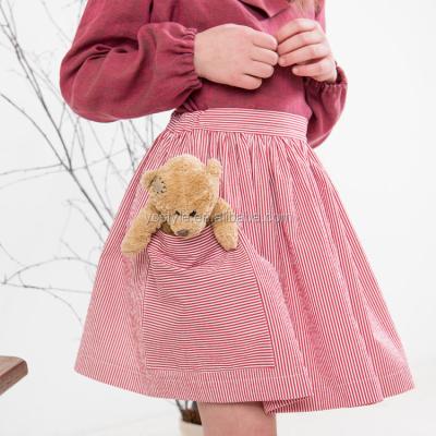 China Anti-wrinkle pink stripe washed canvas in knee length with pocket girl's skirt for summer for sale